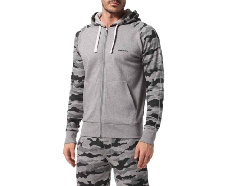 Diesel Brianz Men's Zipped Hoodie Camoufludge Hooded Casual Sweatshirts Tops Grey/Khaki