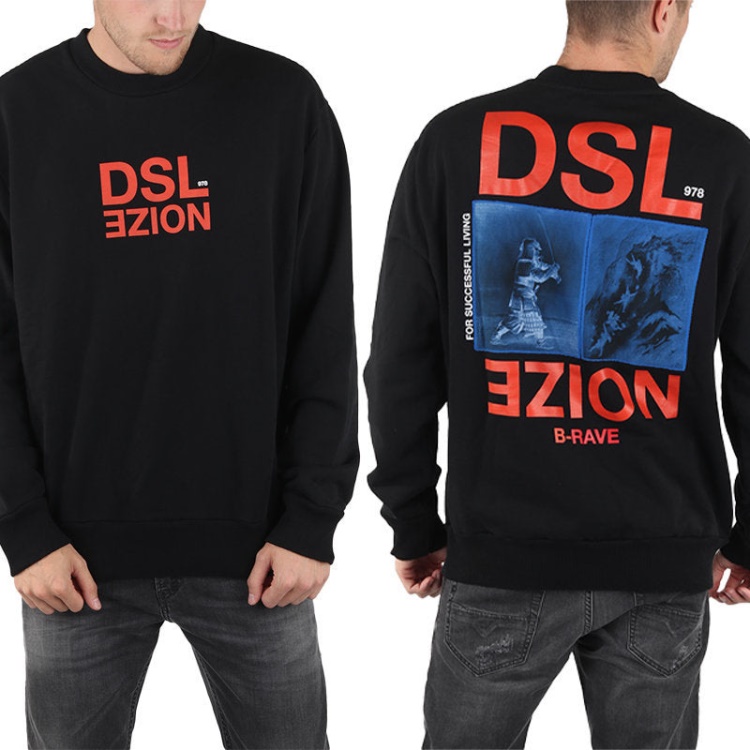 S Bay Xa Men's Pullover Sweatshirt Black Crew Neck Casual Outwear Diesel