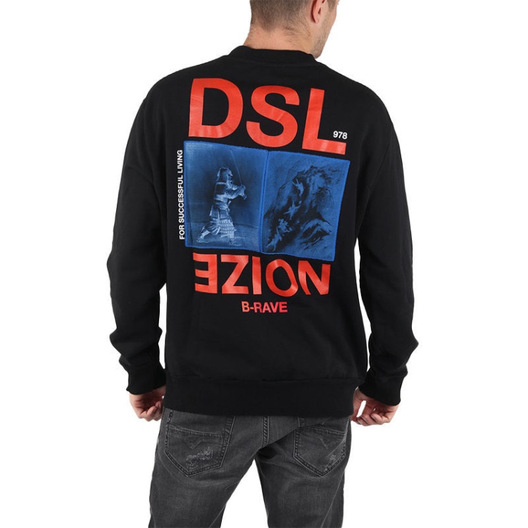 S Bay Xa Men's Pullover Sweatshirt Black Crew Neck Casual Outwear Diesel