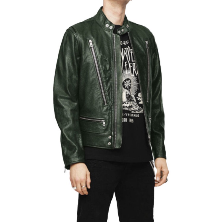Diesel L Koji Men's Bomber Jacket Genuine Leather Cafe Racer Winter Green Coat