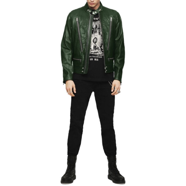 Diesel L Koji Men's Bomber Jacket Genuine Leather Cafe Racer Winter Green Coat