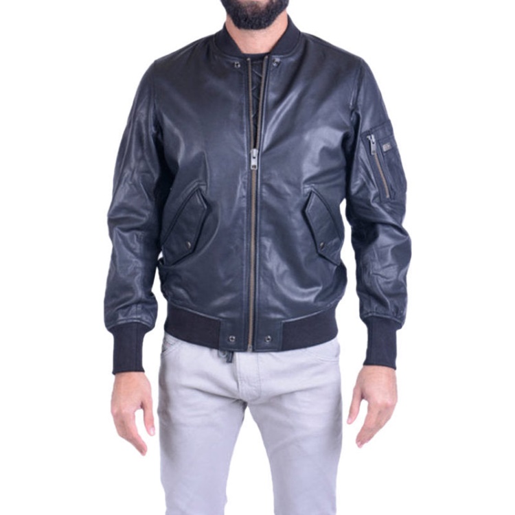 Diesel L Parker Men's Bomber Jacket Genuine Leather Ribbed Black Winter Outwear