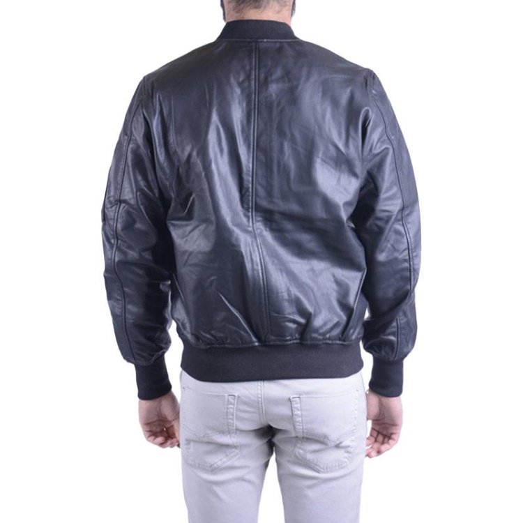 Diesel L Parker Men's Bomber Jacket Genuine Leather Ribbed Black Winter Outwear