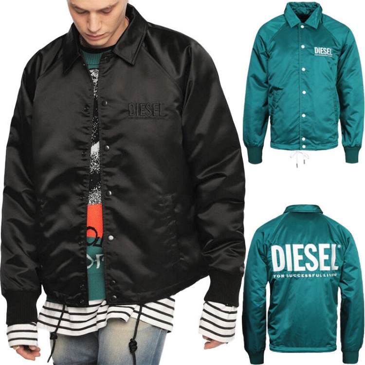 Diesel J Akio Men's Jackets Sporty Bomber Coats Casual Jumper Padded Satin Nylon Black/Blue