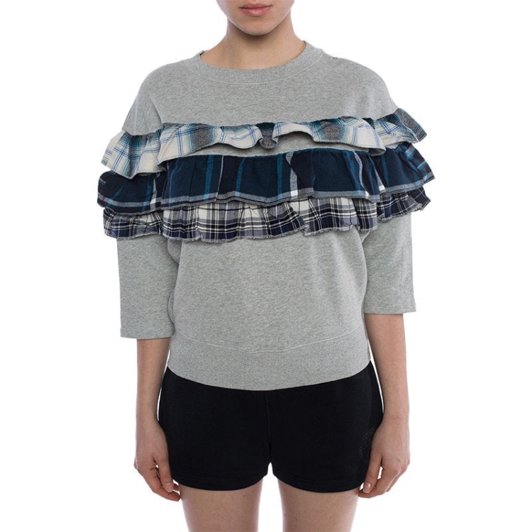 F Adelia Women's Sweatshirt Pullover Crew Neck Ruffle Check Grey Jumper Diesel