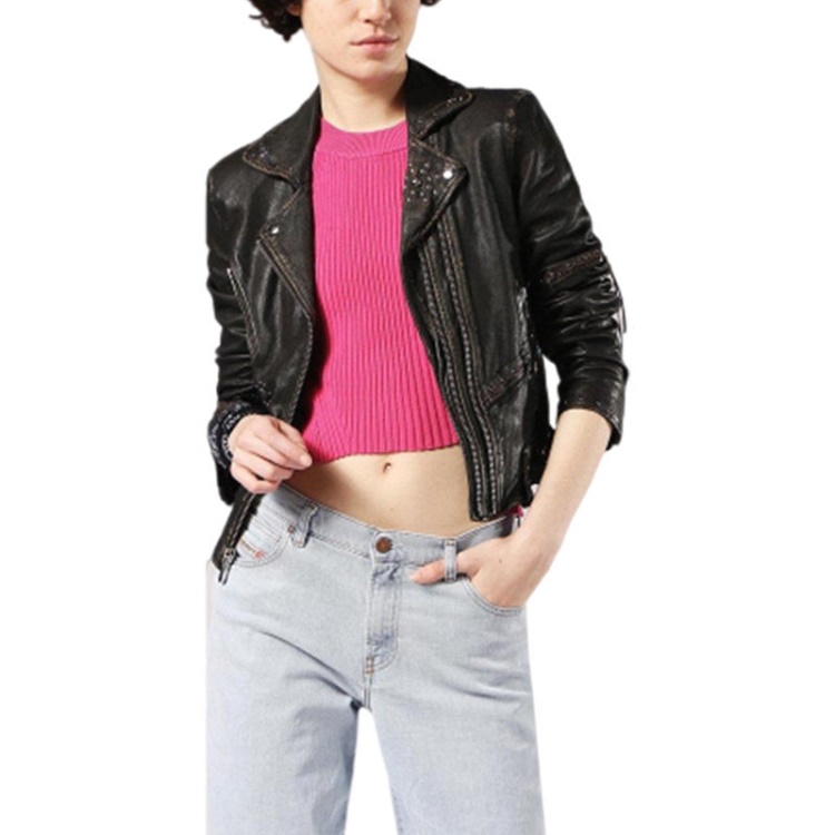 Diesel L Terry Women's Biker Jacket Genuine Leather Long Sleeve Cafe Racer Coat