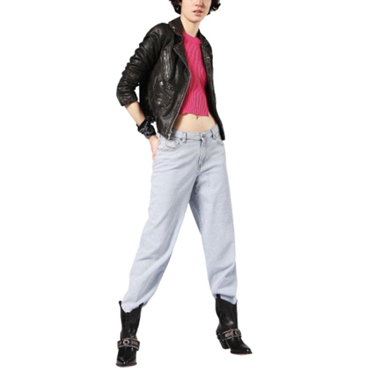 Diesel L Terry Women's Biker Jacket Genuine Leather Long Sleeve Cafe Racer Coat