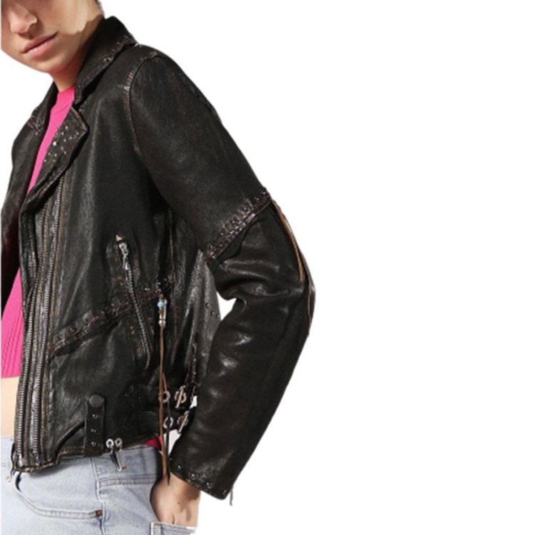 Diesel L Terry Women's Biker Jacket Genuine Leather Long Sleeve Cafe Racer Coat