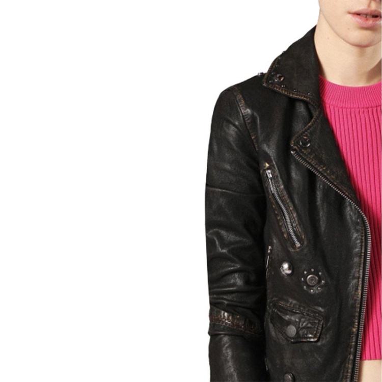 Diesel L Terry Women's Biker Jacket Genuine Leather Long Sleeve Cafe Racer Coat