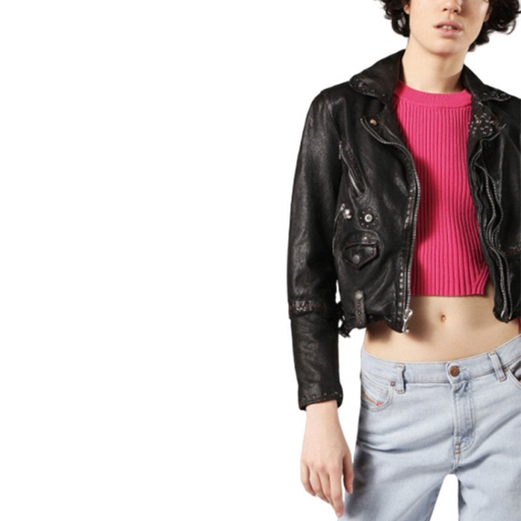 Diesel L Terry Women's Biker Jacket Genuine Leather Long Sleeve Cafe Racer Coat