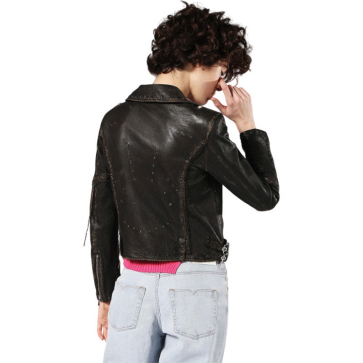 Diesel L Terry Women's Biker Jacket Genuine Leather Long Sleeve Cafe Racer Coat