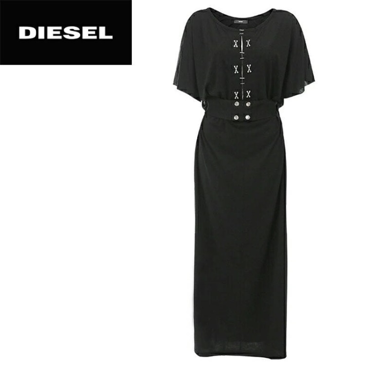 D Alba Women's Long Dress Round Neck Maxi Metal Party Wear Top Belt Black Diesel