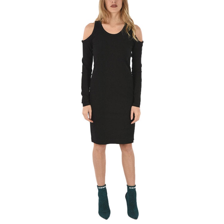 Diesel D Cecyl 0Dapr Women's Short Dress Cotton Black Long Sleeve Crew Neck Tops