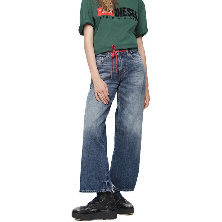 Diesel Widee 085Ag Women's Jeans Straight Ladies Distress Faded Denim Pants Blue