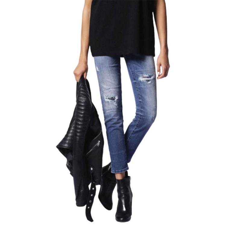 Grupee 0679C Women's Jeans Super Slim Fit Distress Casual Blue Denim Pants Diesel